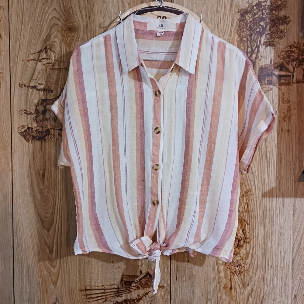 Thread Supply Linen Cotton Blend Striped Button Down